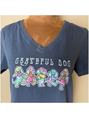 Life is Good Crusher Tee Womens Medium Blue Grateful Dog Top Poodle Shirt V-Neck